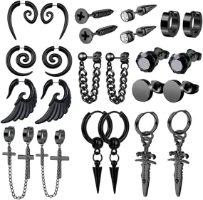 12Pairs Dangle Earrings Set for Men Stainless Steel Hoops Studs Minimalist Punk Style for Casual Fashionable Looks