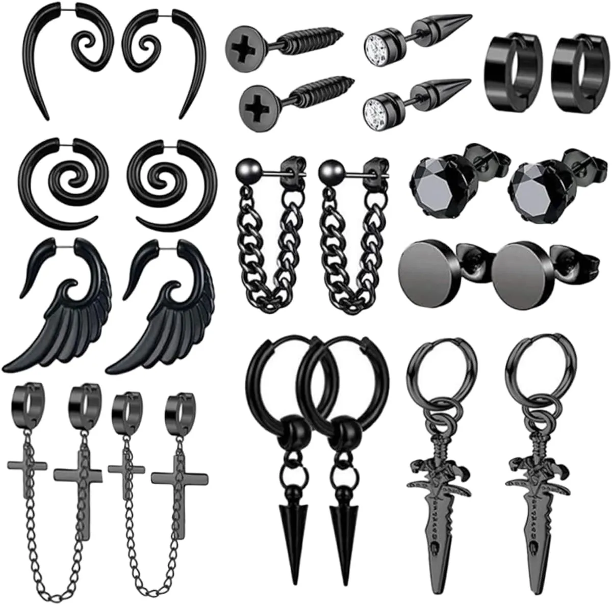 12Pairs Dangle Earrings Set for Men Stainless Steel Hoops Studs Minimalist Punk Style for Casual Fashionable Looks