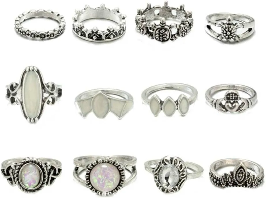 12pcs Set Stone Rings Women Finger Rings Suit Bohemia Rings Women Stone Rings