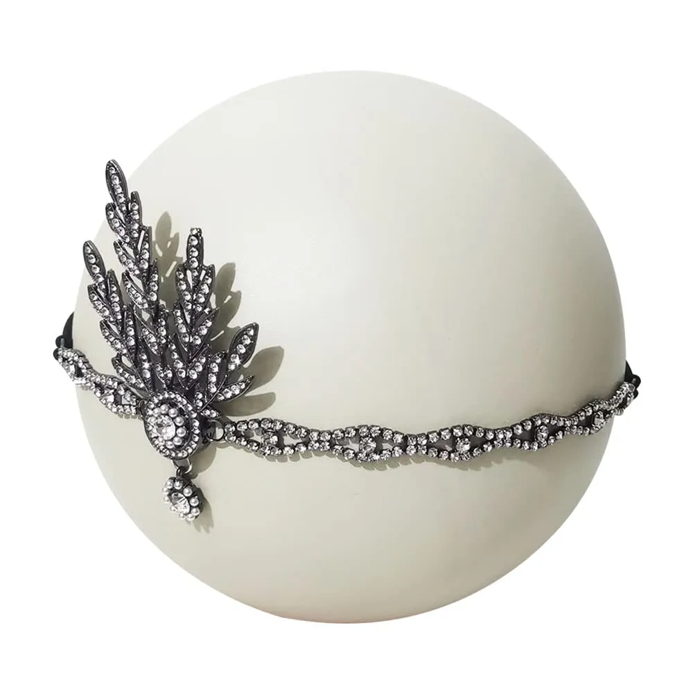 1920s Flapper Headband Leaf Great Headpiece Tassel Roaring 20s Crystal Head Chain Wedding Bride for Women