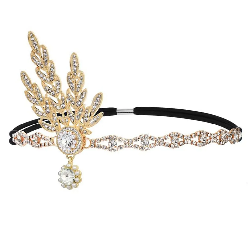 1920s Flapper Headband Leaf Great Headpiece Tassel Roaring 20s Crystal Head Chain Wedding Bride for Women