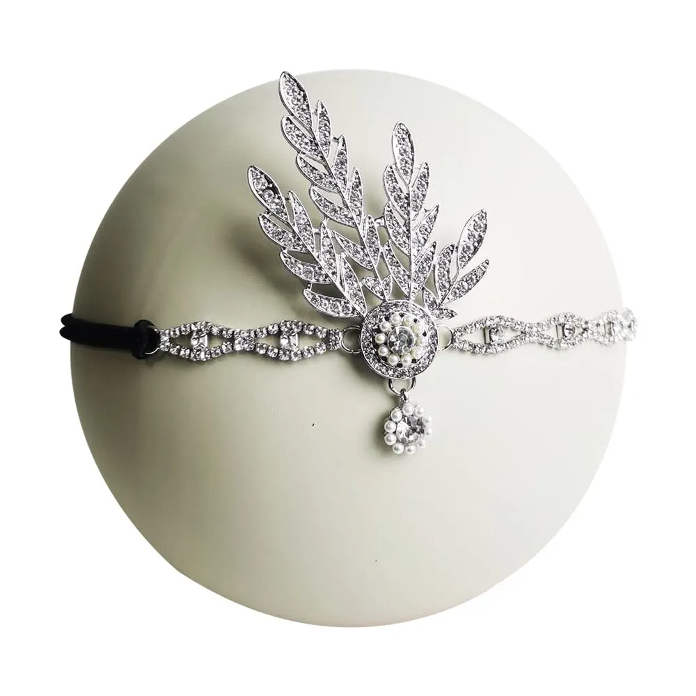 1920s Flapper Headband Leaf Great Headpiece Tassel Roaring 20s Crystal Head Chain Wedding Bride for Women