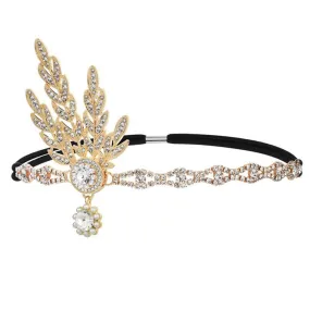 1920s Flapper Headband Leaf Great Headpiece Tassel Roaring 20s Crystal Head Chain Wedding Bride for Women