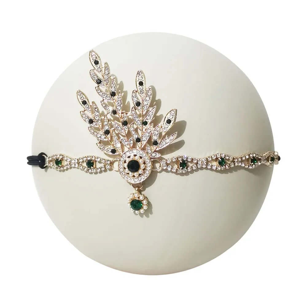 1920s Flapper Headband Leaf Great Headpiece Tassel Roaring 20s Crystal Head Chain Wedding Bride for Women