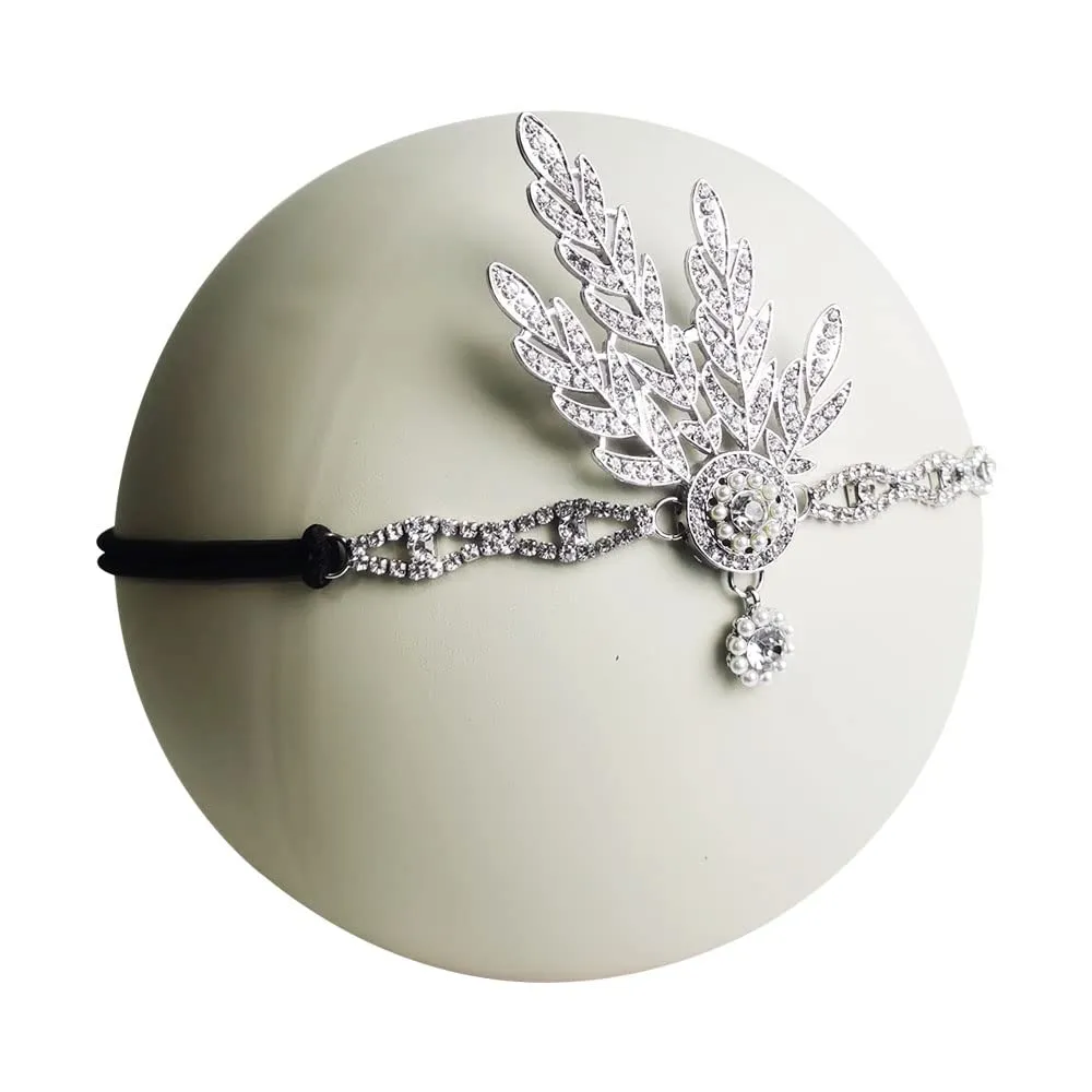 1920s Flapper Headband Leaf Great Headpiece Tassel Roaring 20s Crystal Head Chain Wedding Bride for Women
