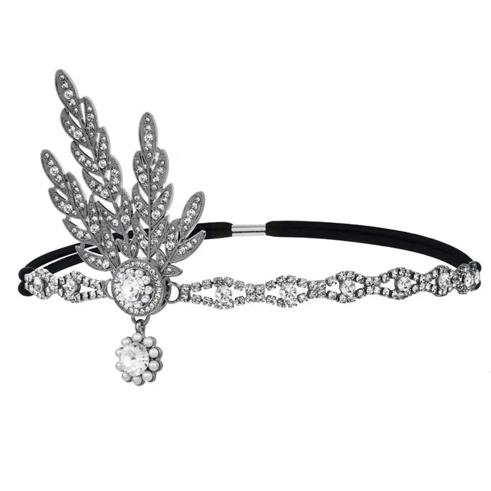 1920s Flapper Headband Leaf Great Headpiece Tassel Roaring 20s Crystal Head Chain Wedding Bride for Women