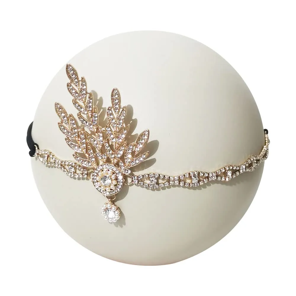1920s Flapper Headband Leaf Great Headpiece Tassel Roaring 20s Crystal Head Chain Wedding Bride for Women