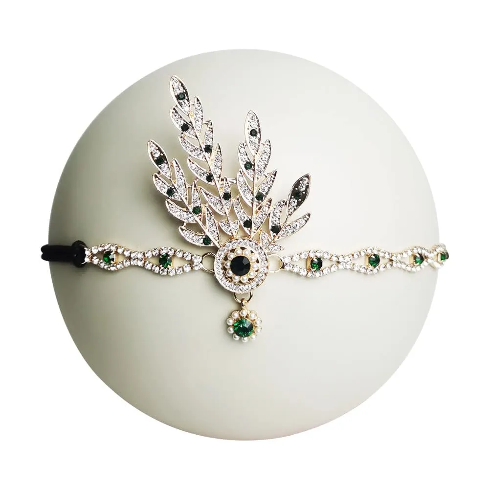1920s Flapper Headband Leaf Great Headpiece Tassel Roaring 20s Crystal Head Chain Wedding Bride for Women