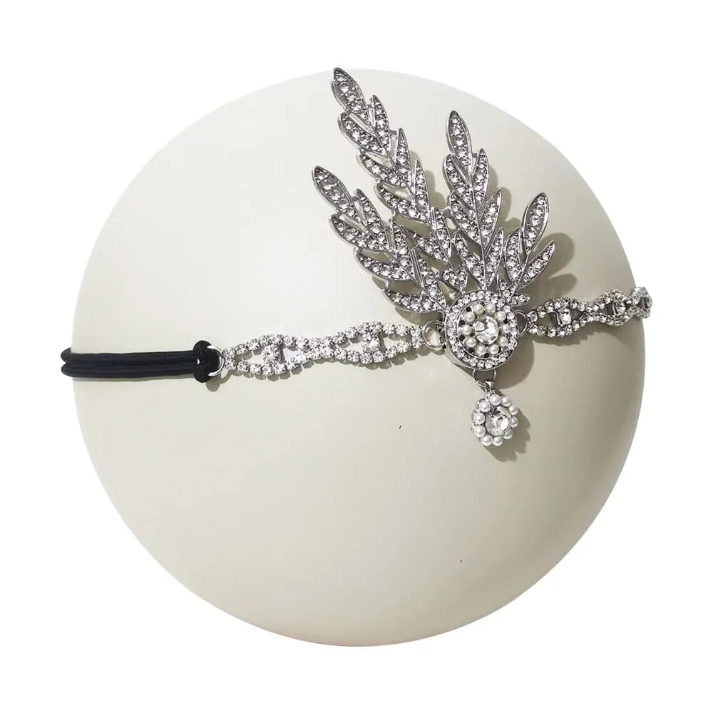 1920s Flapper Headband Leaf Great Headpiece Tassel Roaring 20s Crystal Head Chain Wedding Bride for Women