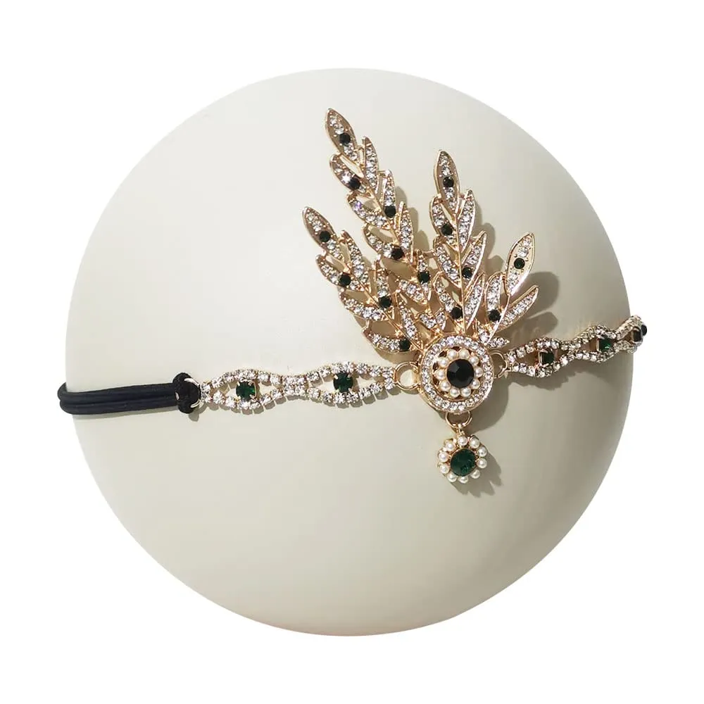1920s Flapper Headband Leaf Great Headpiece Tassel Roaring 20s Crystal Head Chain Wedding Bride for Women