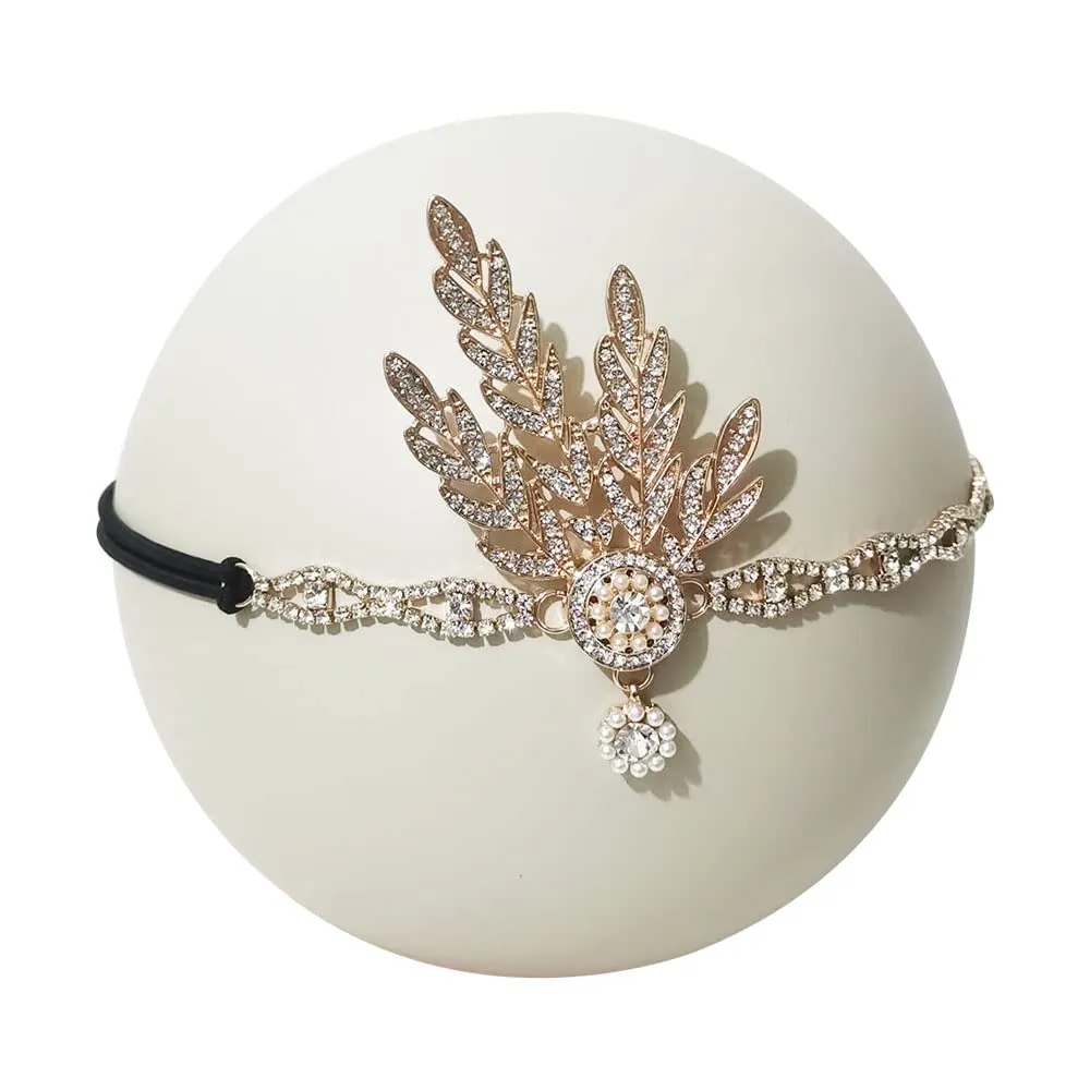 1920s Flapper Headband Leaf Great Headpiece Tassel Roaring 20s Crystal Head Chain Wedding Bride for Women