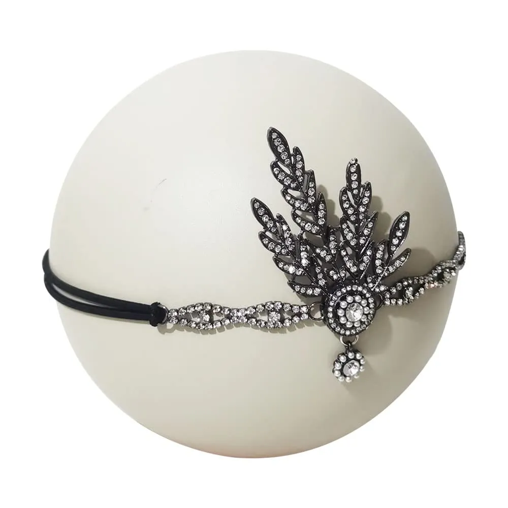1920s Flapper Headband Leaf Great Headpiece Tassel Roaring 20s Crystal Head Chain Wedding Bride for Women