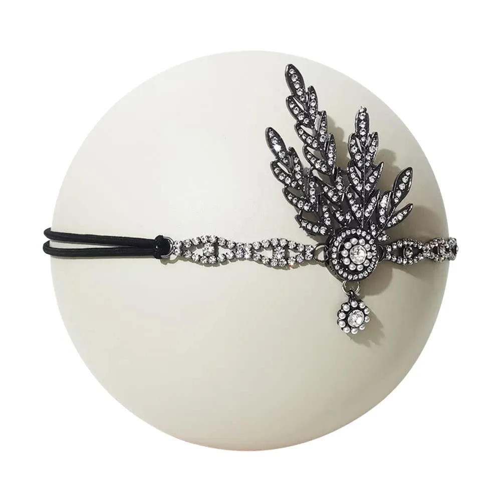 1920s Flapper Headband Leaf Great Headpiece Tassel Roaring 20s Crystal Head Chain Wedding Bride for Women