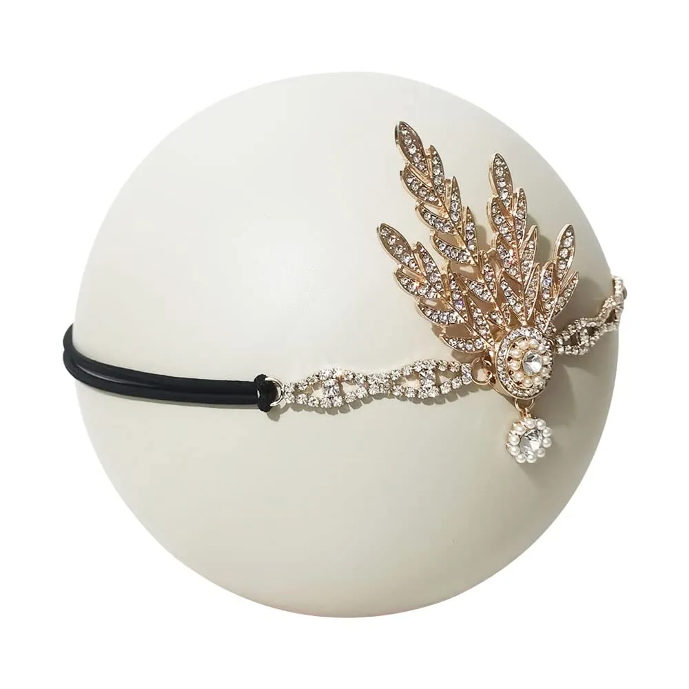 1920s Flapper Headband Leaf Great Headpiece Tassel Roaring 20s Crystal Head Chain Wedding Bride for Women