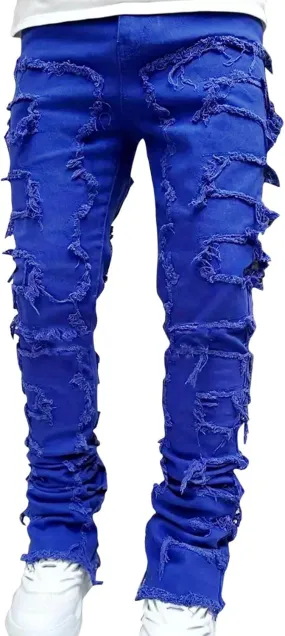 2023 Mens Stacked Jeans Slim Fit Ripped Skinny Stretch Jeans Distressed Straight Fit Denim Pants Hip Hop Trousers Streetwear