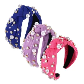 3 Pack Pearl Knot Headbands Rhinestone Jeweled Knotted Headband for Women Girls Fashion Wide Twist Boho Spring Summer Wedding Party Head Band Hair Accessories Gift
