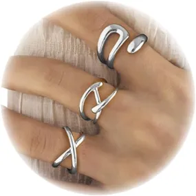 3PCS Chunky Gold Rings Adjustable Irregular Textured Statement Rings Open Chunky Silver Rings Thick Geometric Rings for Women Minimalist Simple Rings