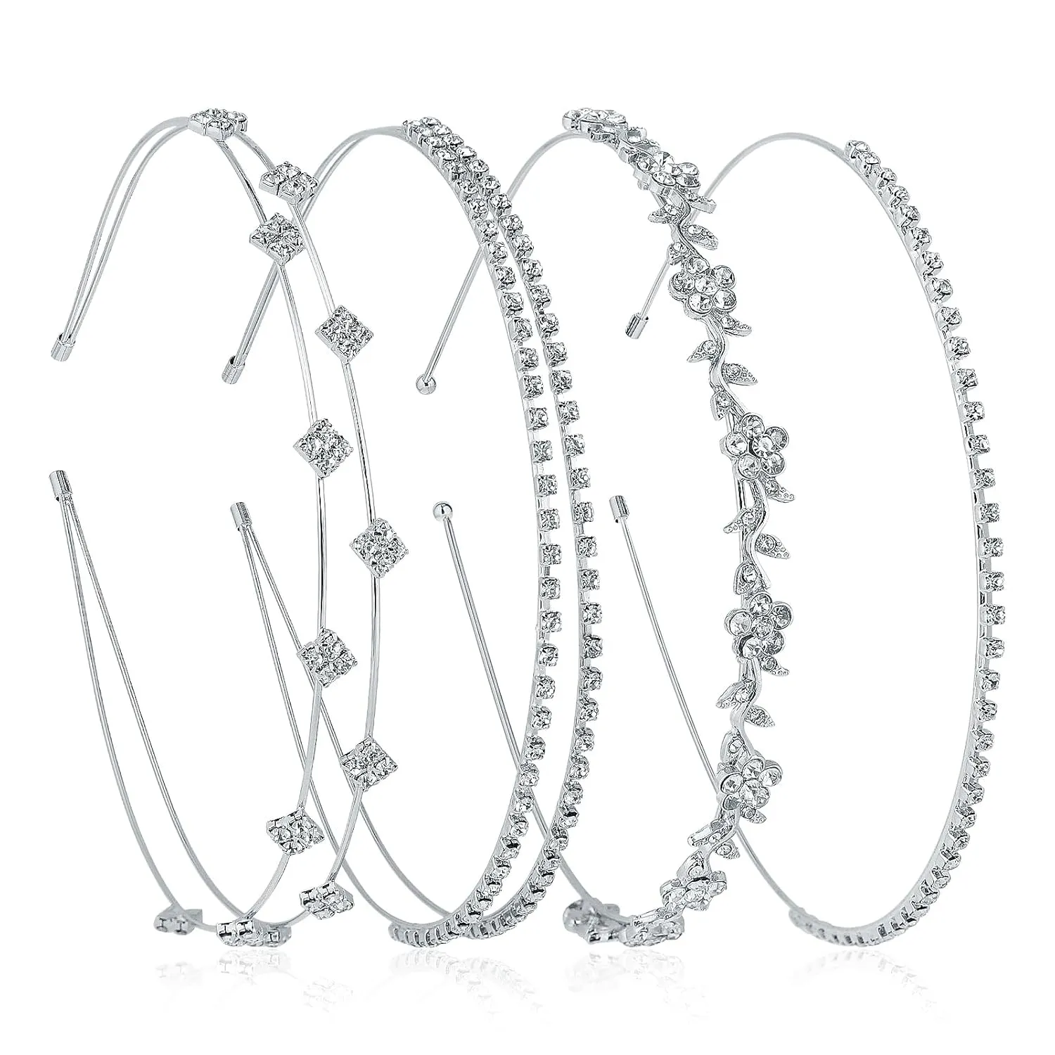 4Pcs Silver Rhinestone Headband, Bridal Wedding Headband, Crystal Flower Girl Leaves Crown Metal Hair Band Tiara, Wedding Tiara Hair Accessories for Women Girls Gifts