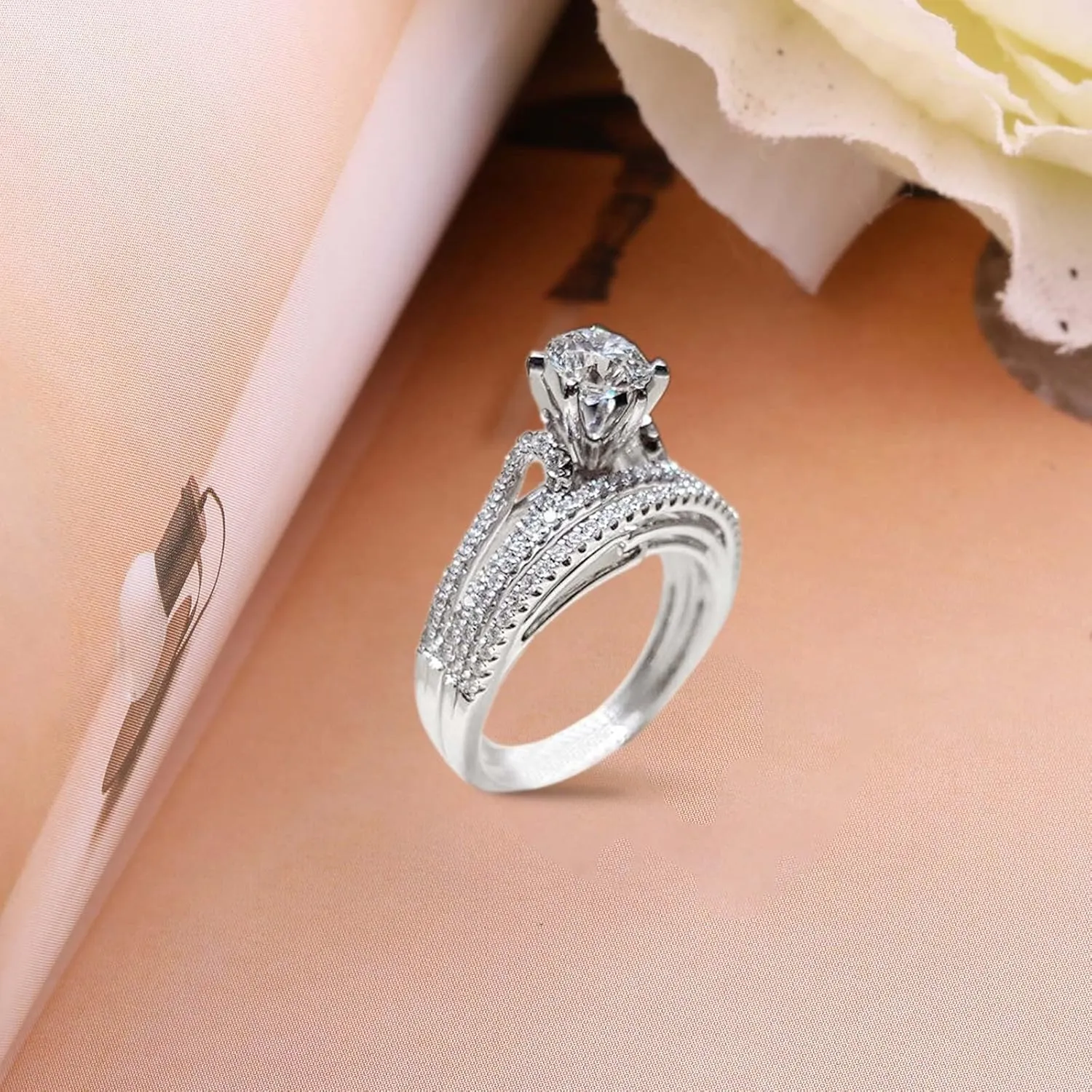 925 Silver Bridal Engagement Ring Round Cut Simulation Diamond Ladies Promise Rings Wedding Band Set for Women