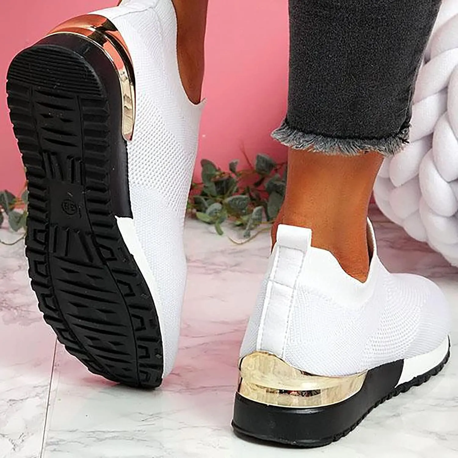Air Cushion Slip-on Walking Shoes for Women,Orthopedic Diabetic Walking Shoes with Arch Support,Casual Breathable Knit Mesh Wedge Platform Sneaker Sandals