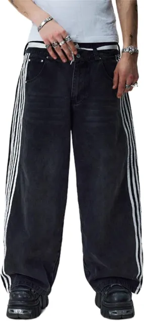 Alyweatry Mens Vintage Baggy Jeans Oversized Low Rise Y2k Striped Skateboard Denim Track Jeans Streetwear