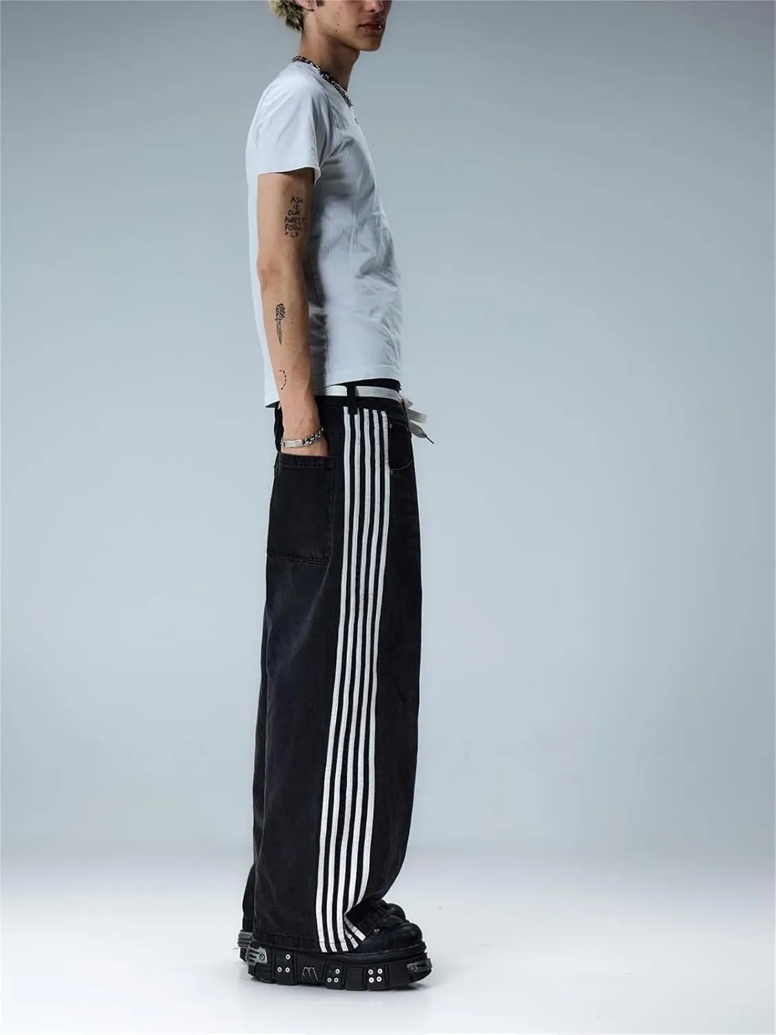 Alyweatry Mens Vintage Baggy Jeans Oversized Low Rise Y2k Striped Skateboard Denim Track Jeans Streetwear