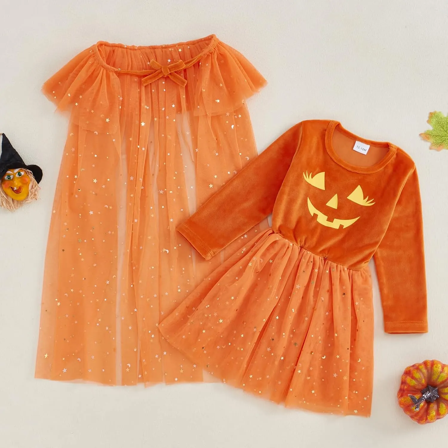 BeQeuewll Halloween Toddler Girl Outfits Skeleton Print Long Sleeve Tulle Dress with Cape Cloak 2Pcs Girl Halloween Outfit