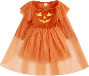 BeQeuewll Halloween Toddler Girl Outfits Skeleton Print Long Sleeve Tulle Dress with Cape Cloak 2Pcs Girl Halloween Outfit