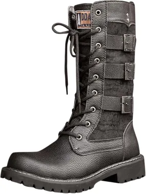 Black Men's Lace Up Leather Lightweight Military Tactical Work Boots Slip Resistant Motorcycle Combat Boots