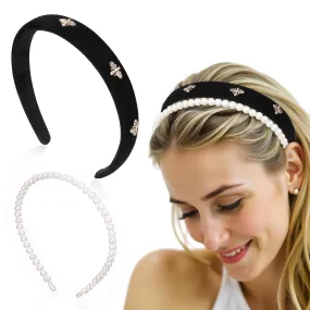 Black Velvet Headband White Pearl Hairband Vintage Fashion Hair Accessories with Bee Accents Cute Wide Hair Band for Women Wedding Music Festival Beach Party Makeup Washing Face