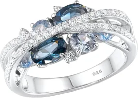 Blue Gemstone Birthstone and Zircon Ring for Women Oval Shape Engagement Rings Side Stones Promise Bridal Ring