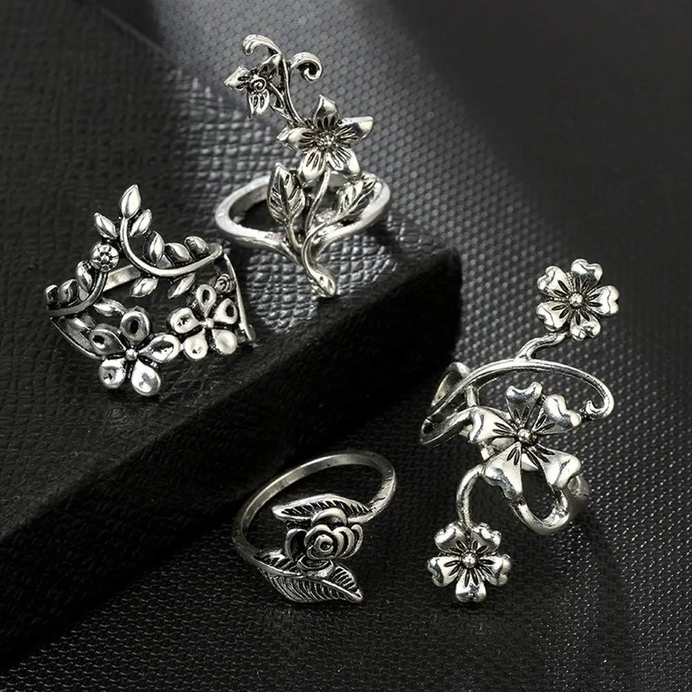 Bohemian Hollow Carved Flowers Finger Rings for Women 4pcs Vintage Stackable Rings Set Silver Joint Midi Ring