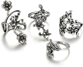 Bohemian Hollow Carved Flowers Finger Rings for Women 4pcs Vintage Stackable Rings Set Silver Joint Midi Ring