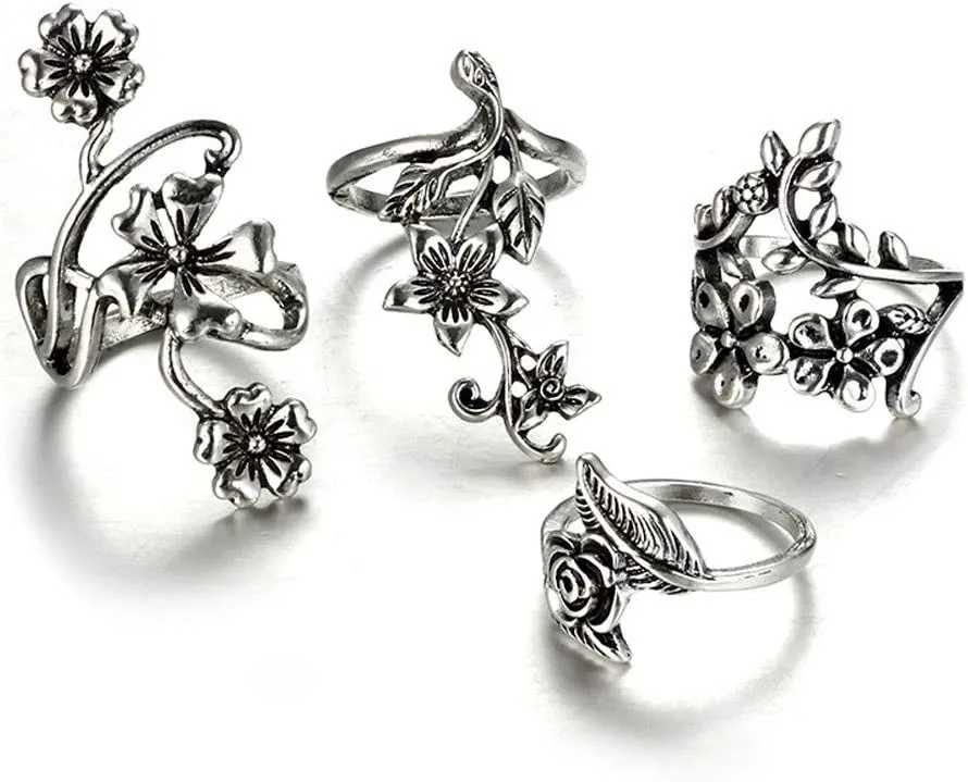 Bohemian Hollow Carved Flowers Finger Rings for Women 4pcs Vintage Stackable Rings Set Silver Joint Midi Ring