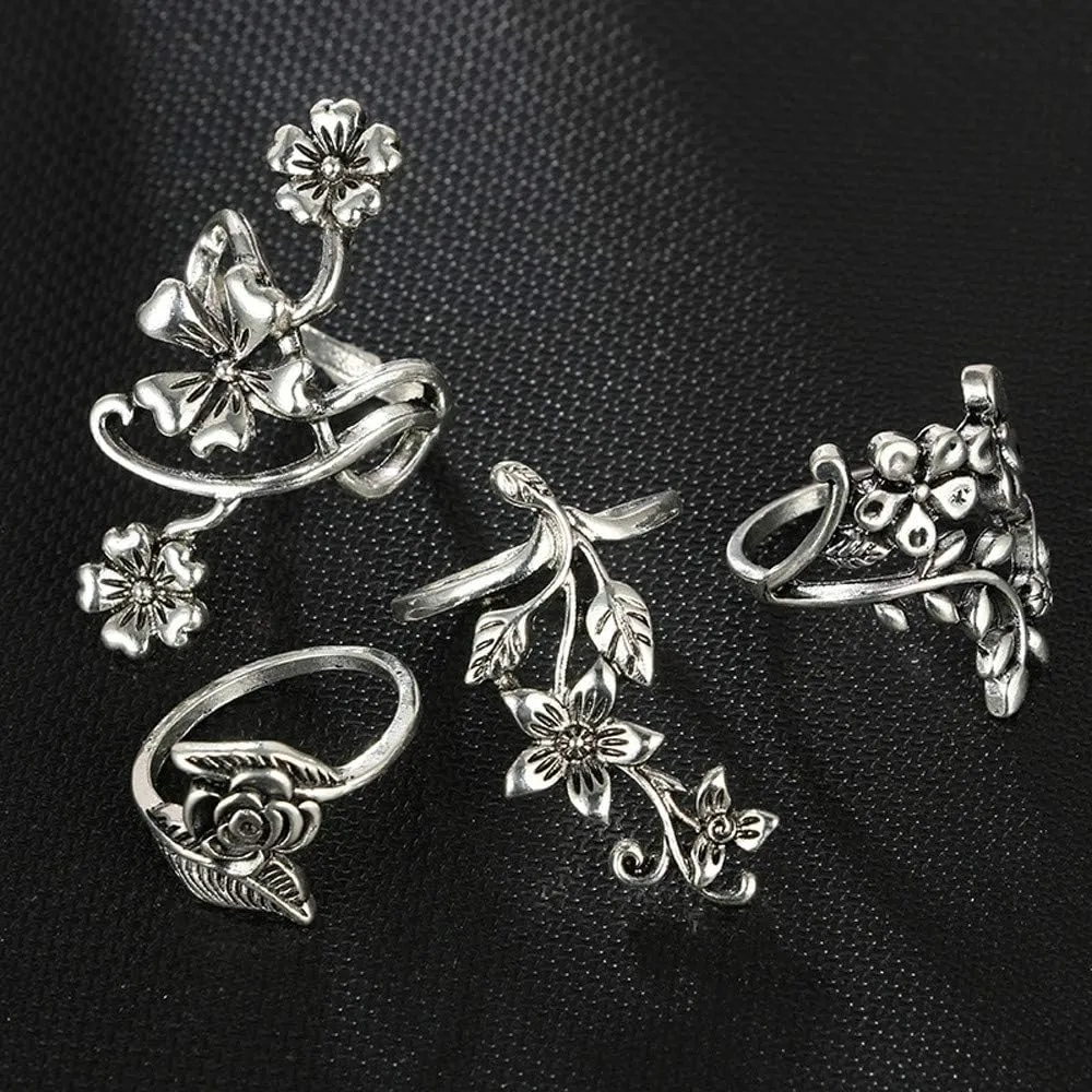 Bohemian Hollow Carved Flowers Finger Rings for Women 4pcs Vintage Stackable Rings Set Silver Joint Midi Ring