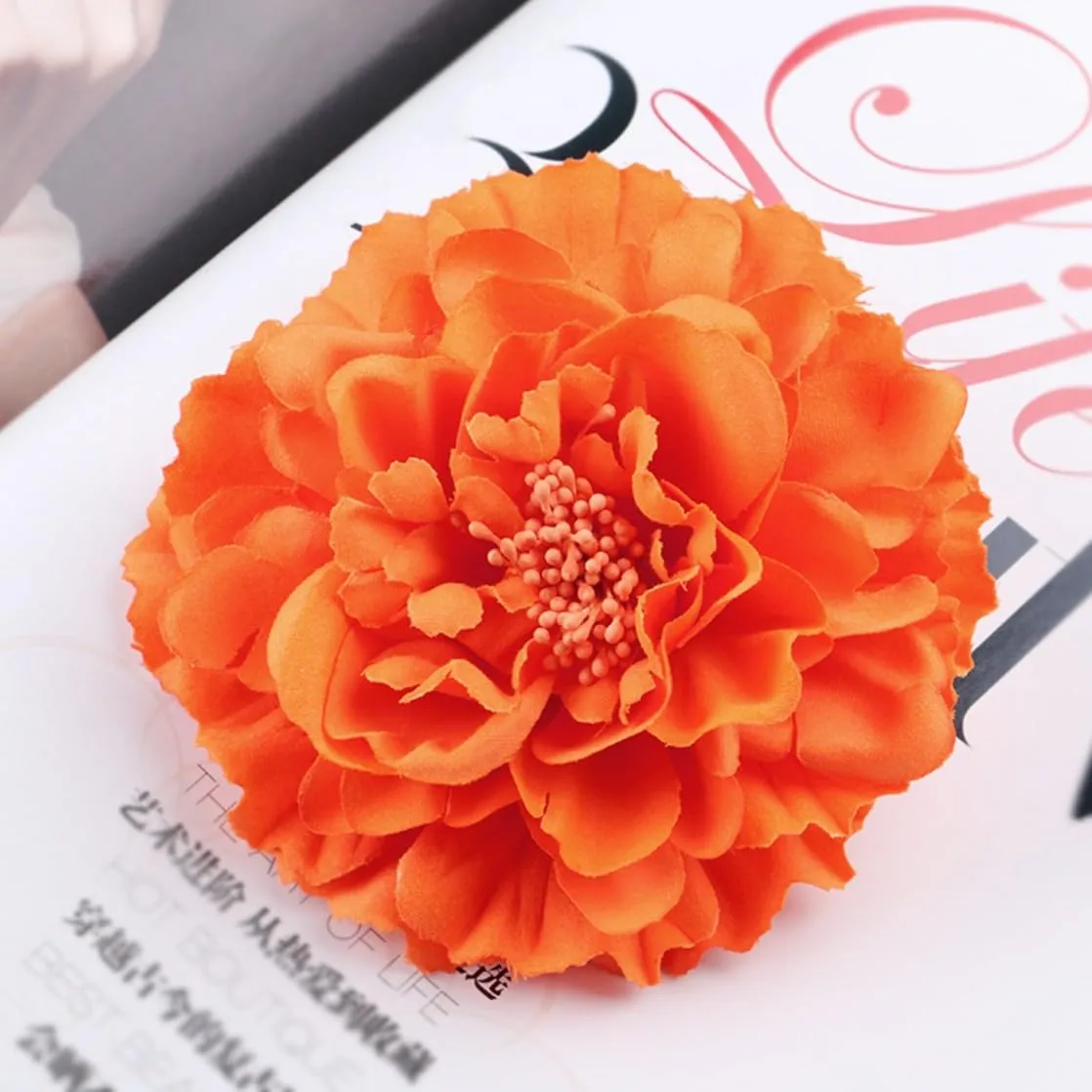 Boho Peony Flower Hair Clip for Fashion, Party & Wedding, Orange-red, Women's Hair Accessory, 11 cm (width) x 2 cm (height)