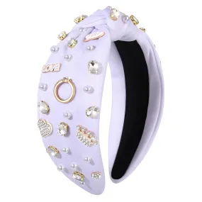 Bride Headband White Pearl Rhinestone Jeweled Knotted Headband Bridal Shower Bachelorette Party Wide Knot Hairband Boho Wedding Rings Love Heart Crown Head Band Hair Accessories Gifts