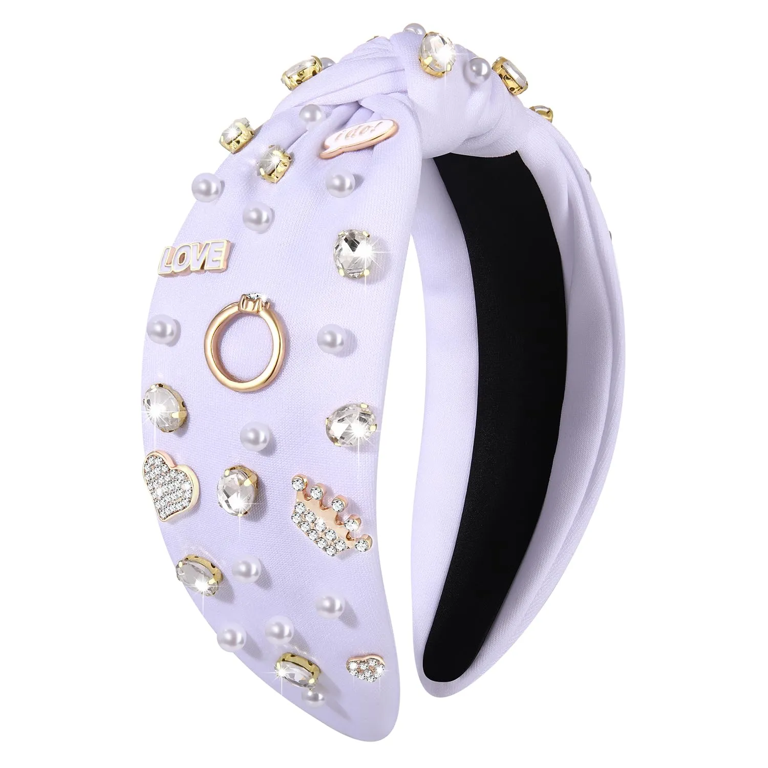 Bride Headband White Pearl Rhinestone Jeweled Knotted Headband Bridal Shower Bachelorette Party Wide Knot Hairband Boho Wedding Rings Love Heart Crown Head Band Hair Accessories Gifts