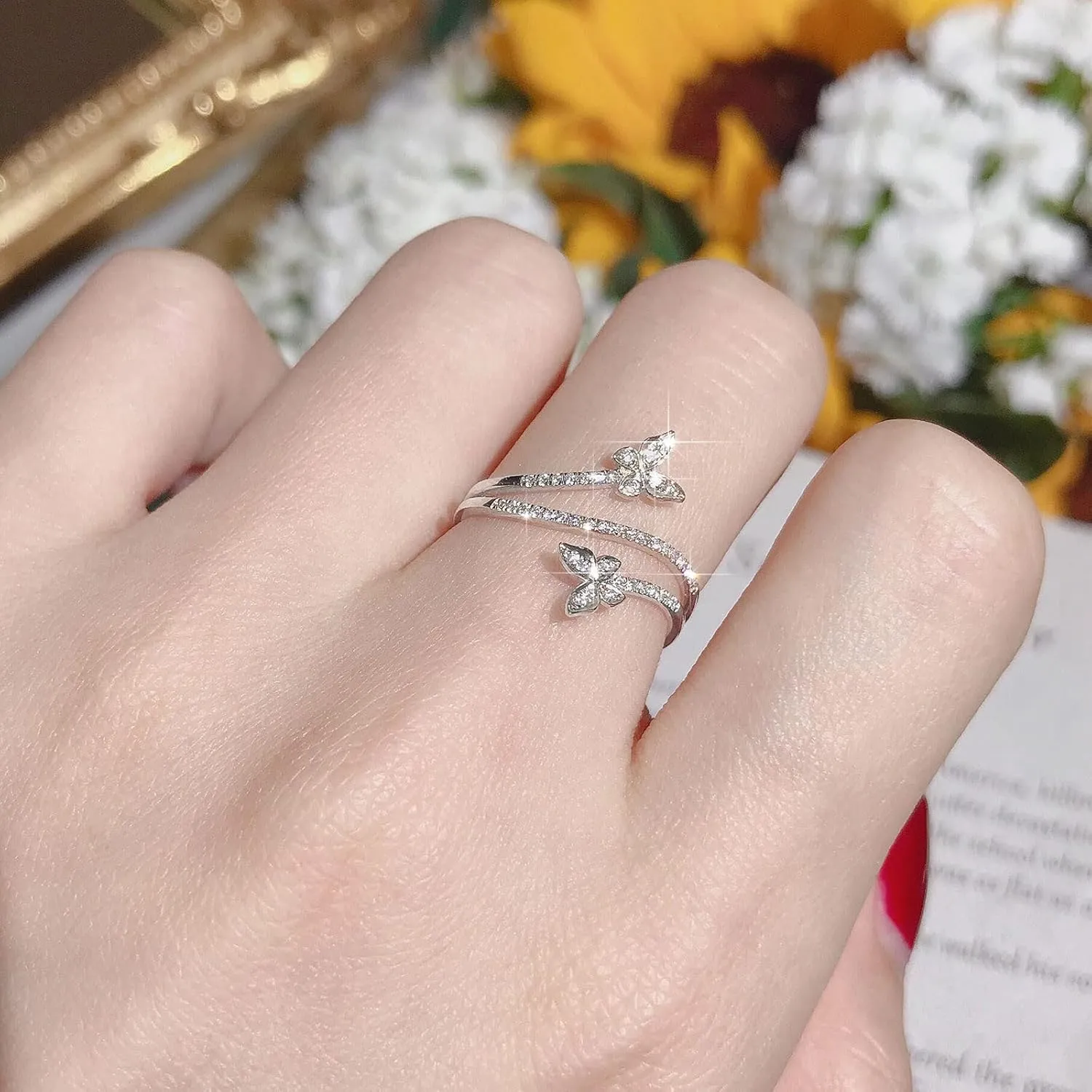 Butterfly Ring Silver Double Butterfly Engagement Statement Promise Ring CZ Adjustable Thumb Open Rings for Women
