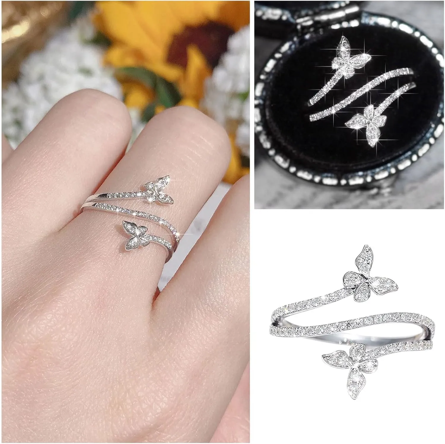 Butterfly Ring Silver Double Butterfly Engagement Statement Promise Ring CZ Adjustable Thumb Open Rings for Women
