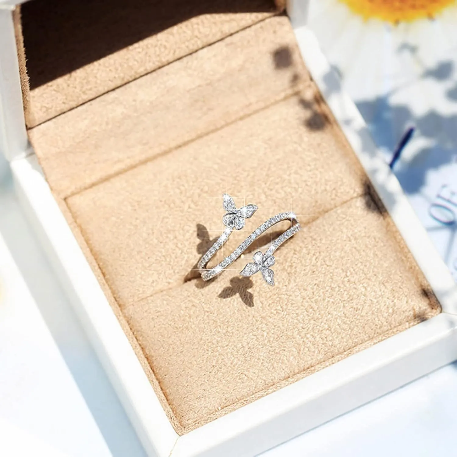 Butterfly Ring Silver Double Butterfly Engagement Statement Promise Ring CZ Adjustable Thumb Open Rings for Women