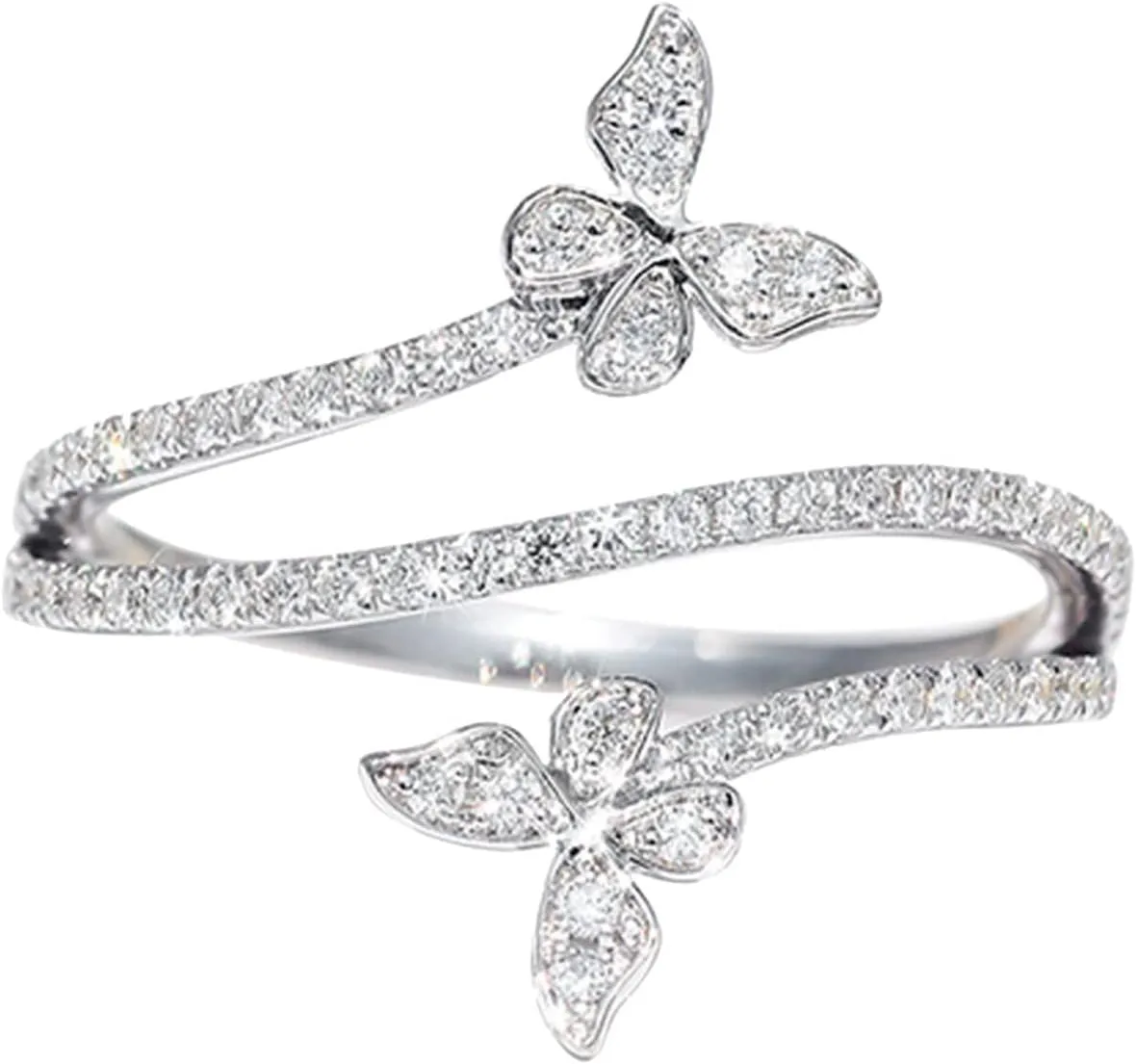 Butterfly Ring Silver Double Butterfly Engagement Statement Promise Ring CZ Adjustable Thumb Open Rings for Women
