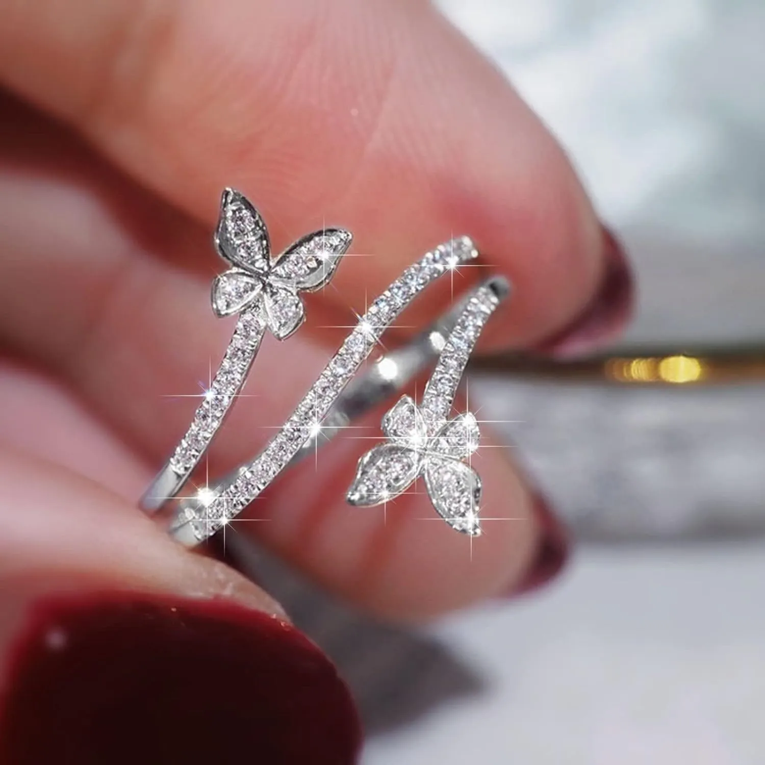 Butterfly Ring Silver Double Butterfly Engagement Statement Promise Ring CZ Adjustable Thumb Open Rings for Women