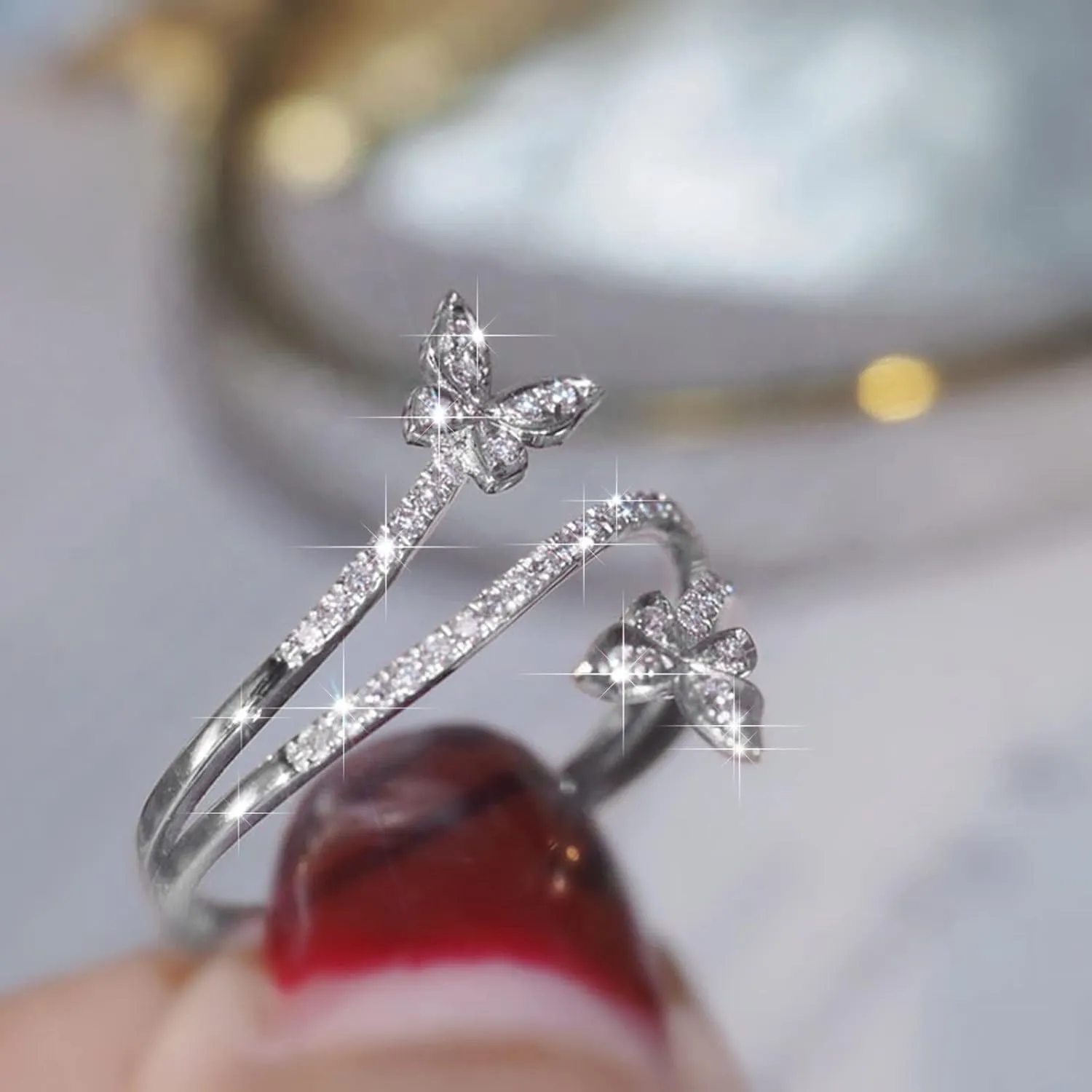 Butterfly Ring Silver Double Butterfly Engagement Statement Promise Ring CZ Adjustable Thumb Open Rings for Women
