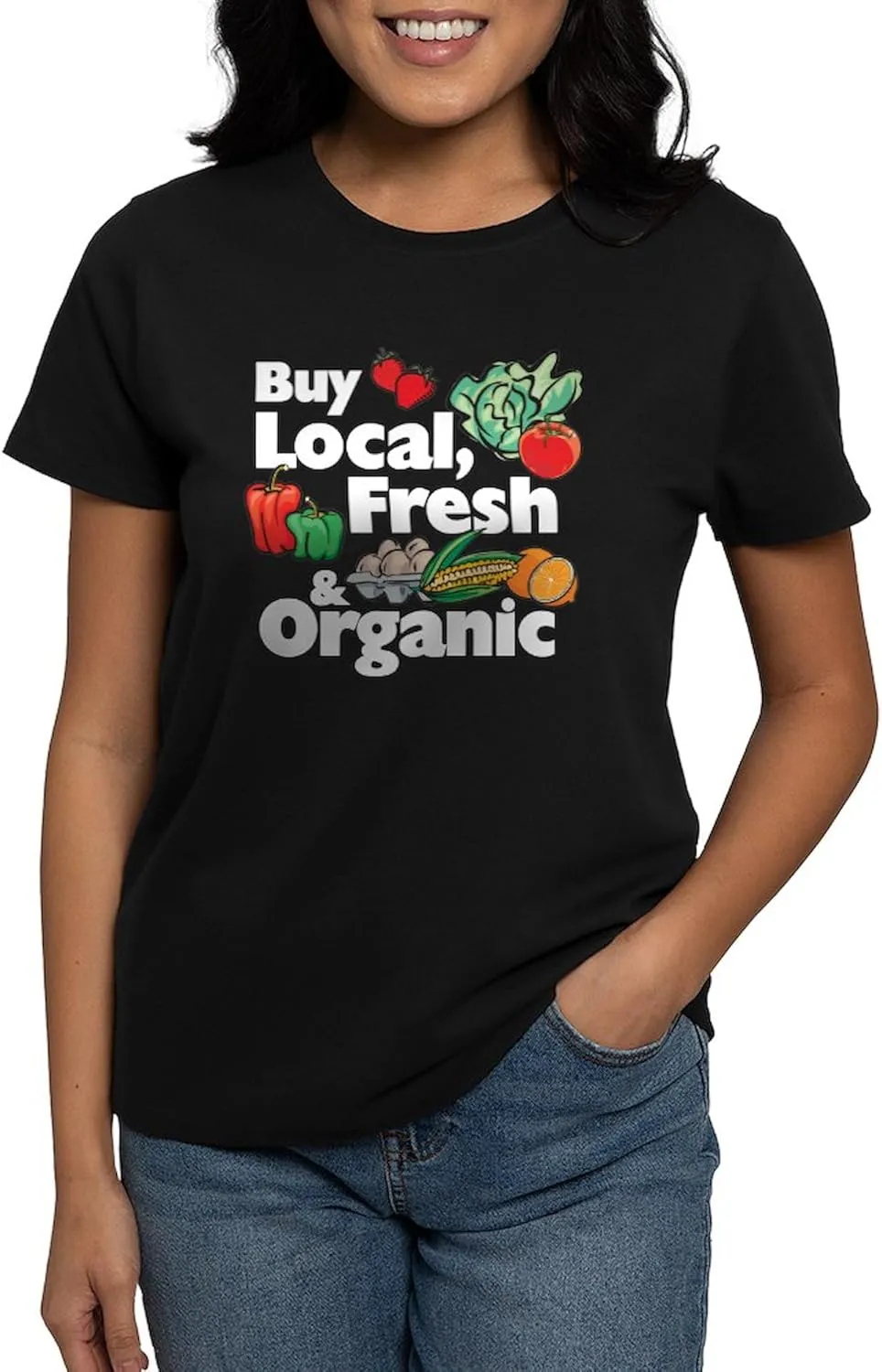 CafePress Buy Local Fresh & Organic Women's Dark T Shirt Womens Cotton Dark T-Shirt