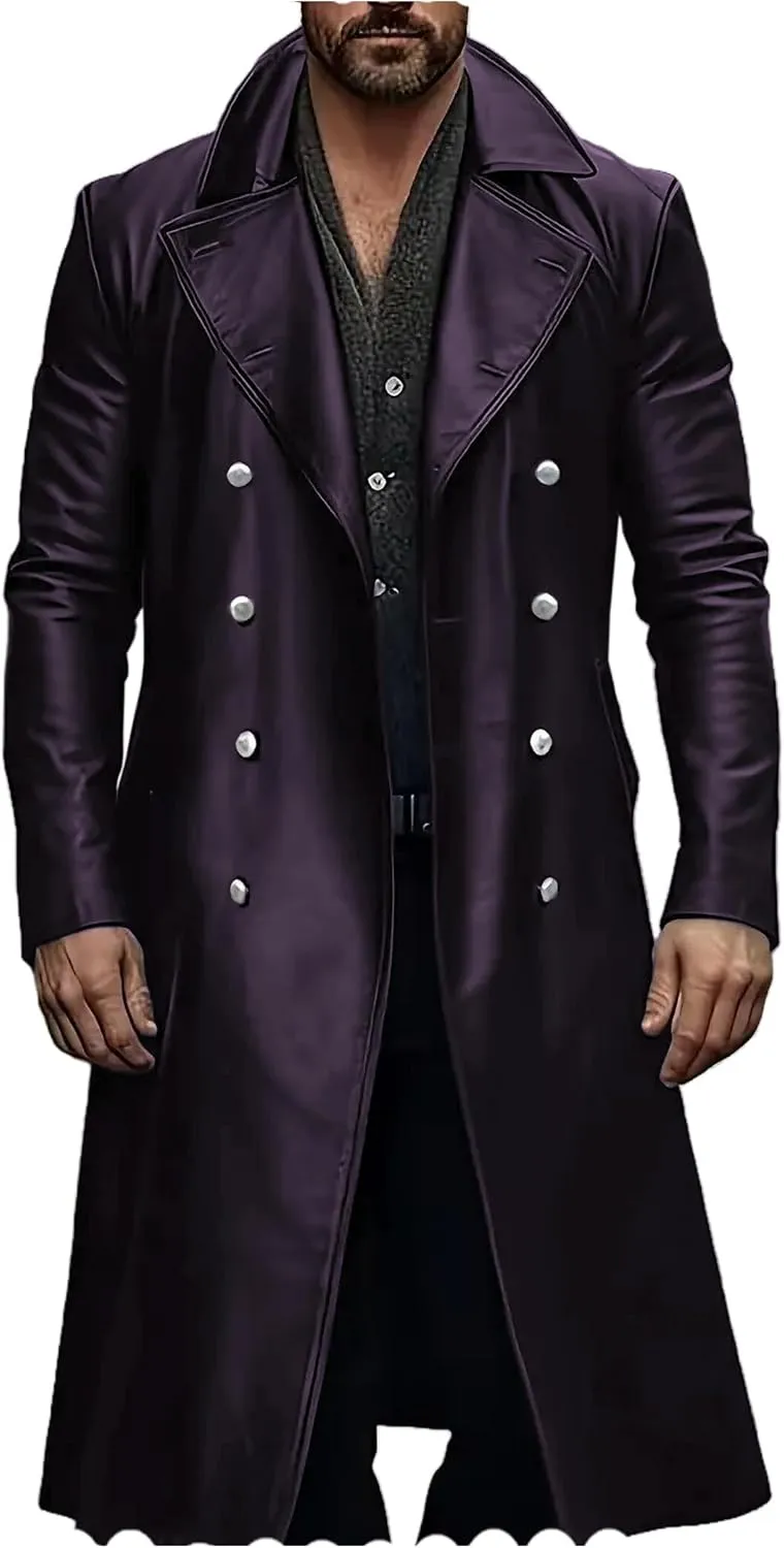 Ceehuteey Mens Leather Jacket Vintage Long Steampunk Overcoat Faux Leather Jacket Trench Coat