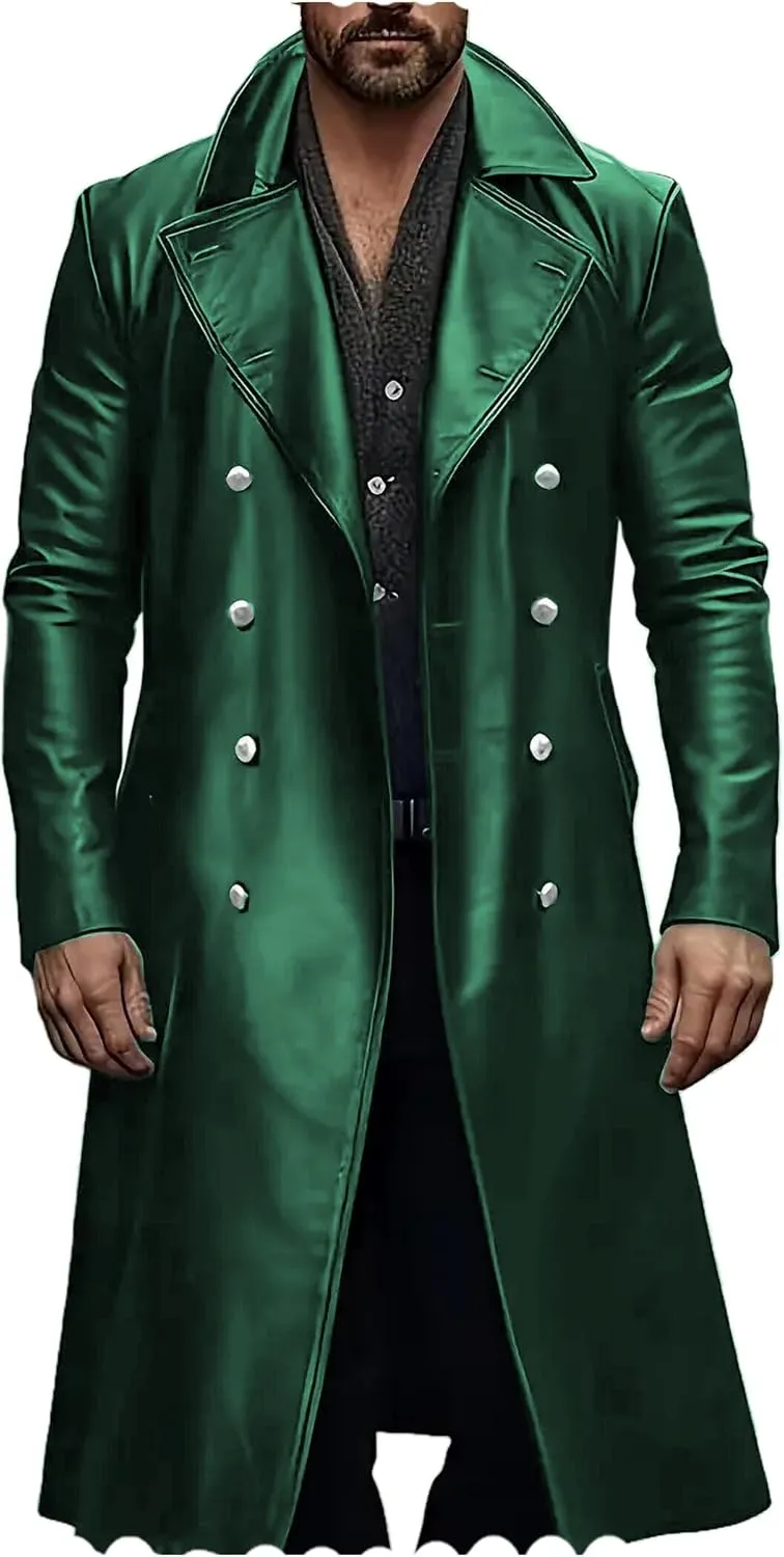 Ceehuteey Mens Leather Jacket Vintage Long Steampunk Overcoat Faux Leather Jacket Trench Coat