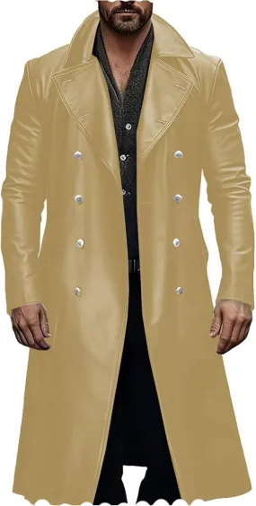 Ceehuteey Mens Leather Jacket Vintage Long Steampunk Overcoat Faux Leather Jacket Trench Coat