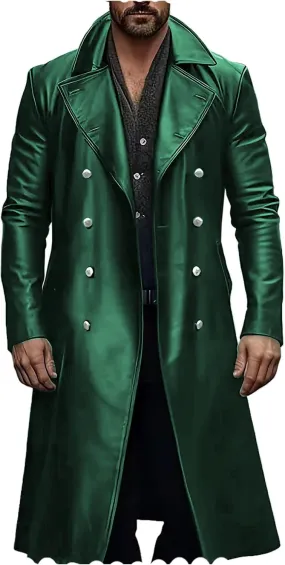 Ceehuteey Mens Leather Jacket Vintage Long Steampunk Overcoat Faux Leather Jacket Trench Coat
