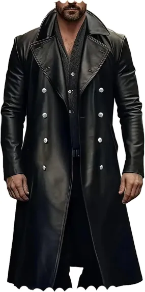 Ceehuteey Mens Leather Jacket Vintage Long Steampunk Overcoat Faux Leather Jacket Trench Coat